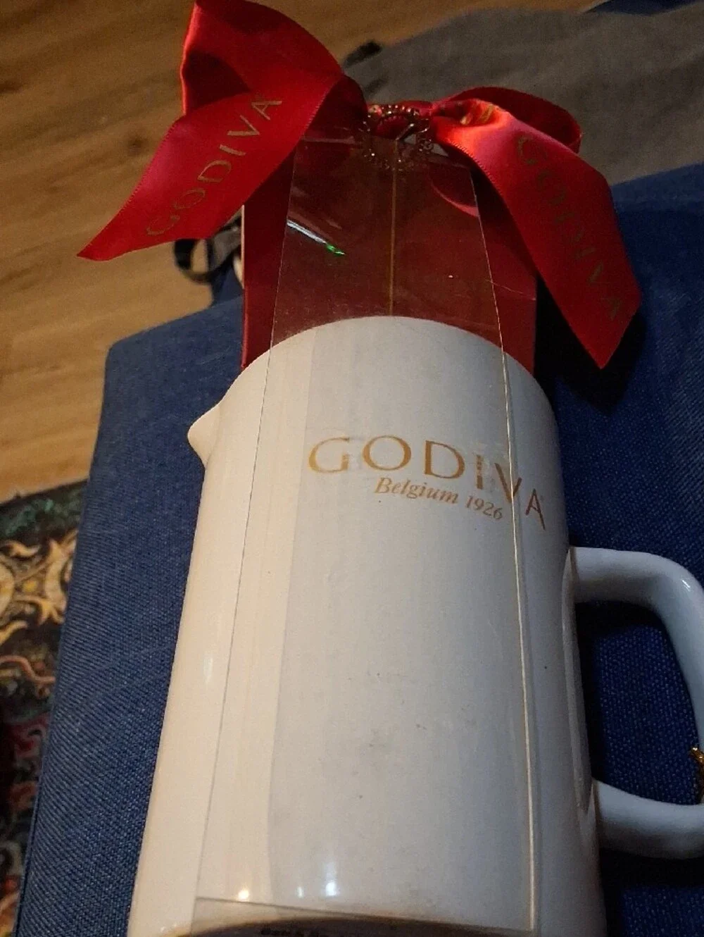 Godiva White Ceramic Mixing Mug with Godiva Hot Chocolate, A Frother, & Red Bow!